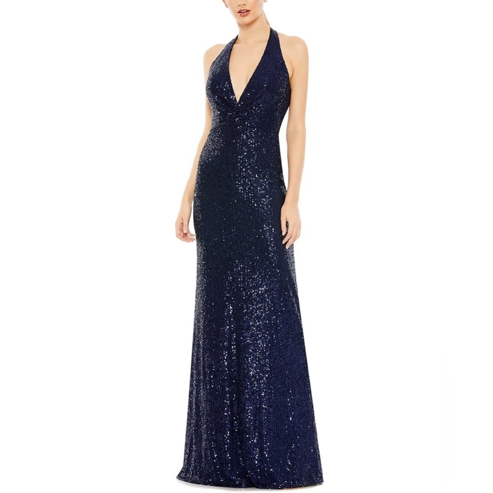 Mac Duggal Blue Sequin Halter Maxi Dress